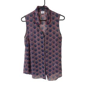 Cabi High Fan Collar Sleeveless Button Front Sheer Top S Quiet Luxury Geometric